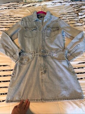 GREY LAB Light Blue Denim Shirt Dress with Chest Pockets